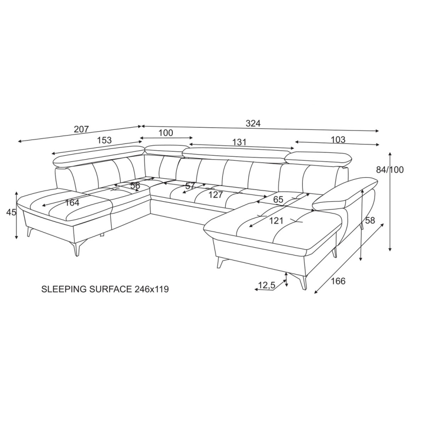 Γωνιακός καναπές-κρεβάτι σε σχήμα U CATANIA αριστερή πλευρά καφέ με αποθηκευτικό χώρο