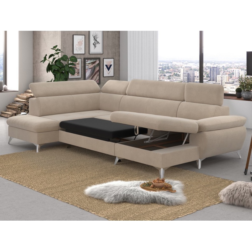 Ανακλινόμενος γωνιακός καναπές σχήματος U CATANIA αριστερή πλευρά με αποθηκευτικό χώρο, μπεζ