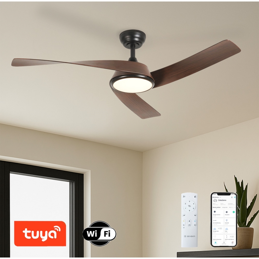 ZEVENTI - Ρυθμιζόμενος LED ανεμιστήρας οροφής AERYS LED/24W/230V 3000/4000/6000K Wi-Fi Tuya μαύρο/καρυδιά + τηλεχειριστήριο