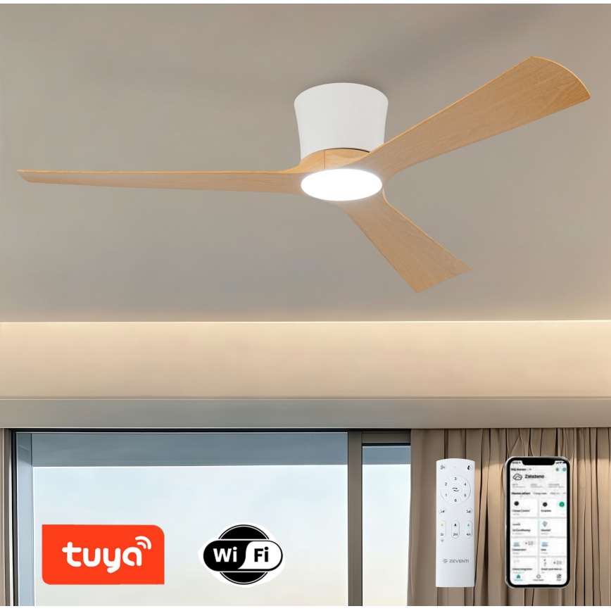 ZEVENTI - Ρυθμιζόμενος ανεμιστήρας οροφής LED AUREX LED/24W/230V 3000/4000/6000K Wi‑Fi Tuya λευκό/δρυς + τηλεχειριστήριο
