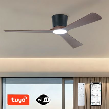 ZEVENTI - Ανεμιστήρας οροφής LED AUREX με ρύθμιση έντασης φωτισμού, LED/24W/230V, 3000/4000/6000K, Wi‑Fi Tuya, μαύρο/καρυδιά + τηλεχειριστήριο