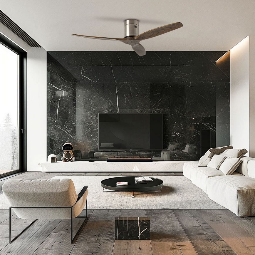 ZEVENTI - Ανεμιστήρας οροφής SPELLO Wi‑Fi Tuya ματ χρώμιο/δρυς + τηλεχειριστήριο