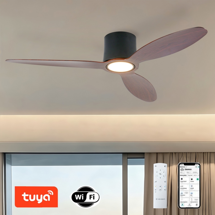 ZEVENTI - Ρυθμιζόμενος ανεμιστήρας οροφής LED VENTORA LED/24W/230V 3000/4000/6000K Wi-Fi Tuya μαύρο/καρυδιά + τηλεχειριστήριο