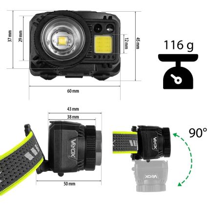 Ρυθμιζόμενος επαναφορτιζόμενος LED φακός κεφαλής με αισθητήρα και κόκκινο LED φωτισμό/6W/5V/3xAAA IP66 500 lm 1200 mAh
