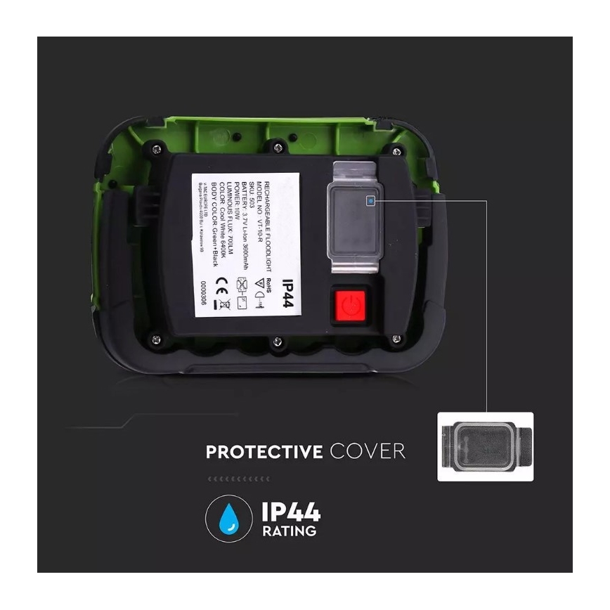 Επαναφορτιζόμενος προβολέας LED SAMSUNG CHIP LED/10W/3,7V IP44 6400K 3600 mAh πράσινο