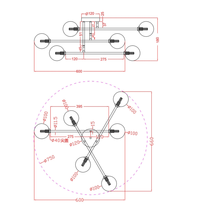 Επιφανειακό φωτιστικό οροφής DORADO 6xG9/28W/230V μαύρο