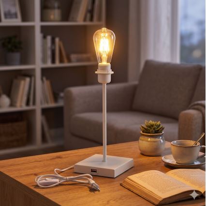 Επιτραπέζιο φωτιστικό με θύρα USB 1xE27/15W/230V λευκό