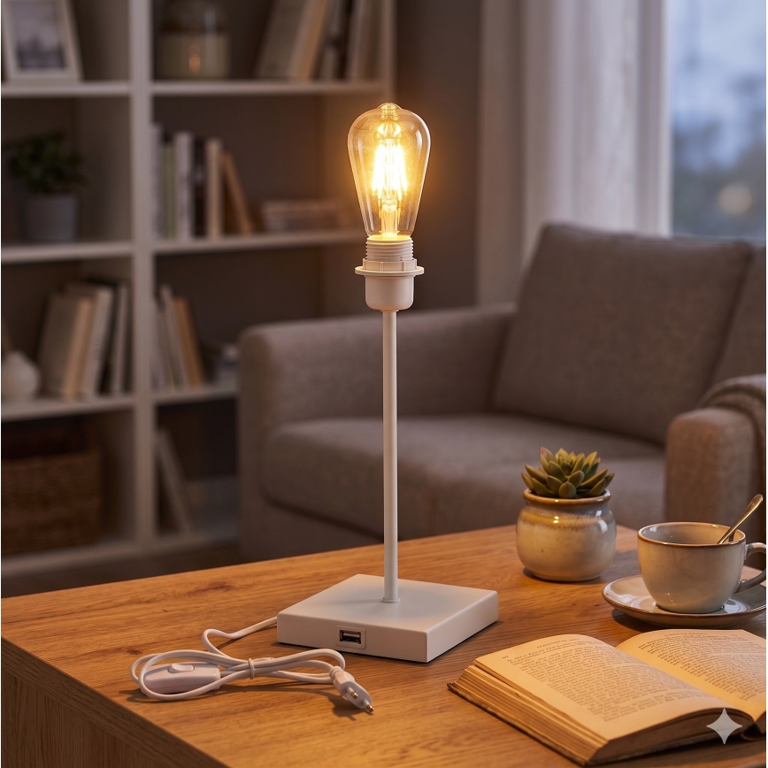 Επιτραπέζιο φωτιστικό με θύρα USB 1xE27/15W/230V λευκό