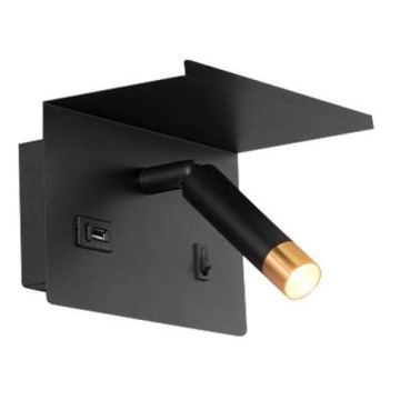 Επιτοίχιο φωτιστικό με ράφι και θύρα USB, 1xG9/35W/230V, μαύρο/χρυσό