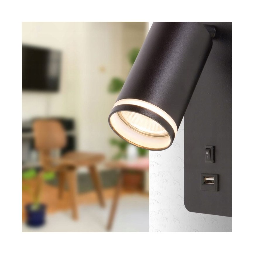 Επιτοίχιο φωτιστικό με σημειακό φωτισμό και θύρα USB 1xGU10/35W/230V μαύρο