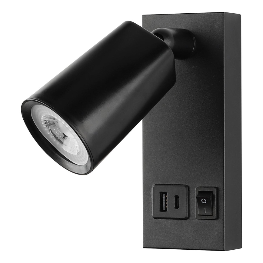 Επιτοίχιο σποτ LED με θύρα φόρτισης USB LED/5W/230V, μαύρο