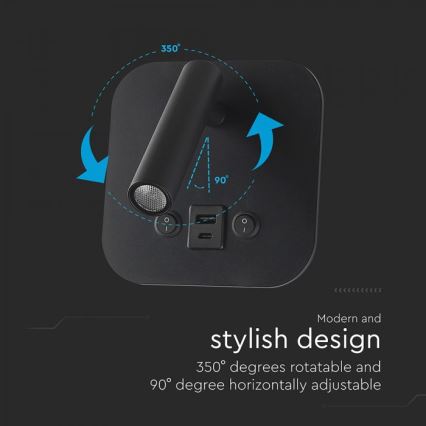 Επιτοίχιο σποτ LED με θύρα USB LED/8W/230V 3000K μαύρο