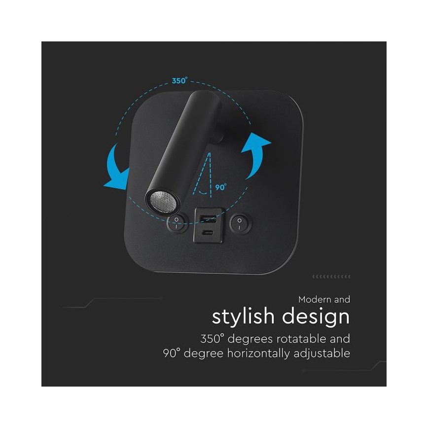 Επιτοίχιο σποτ LED με θύρα USB LED/8W/230V 3000K μαύρο