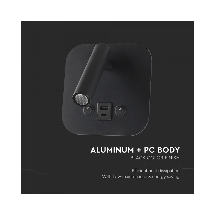 Επιτοίχιο σποτ LED με θύρα USB LED/8W/230V 3000K μαύρο
