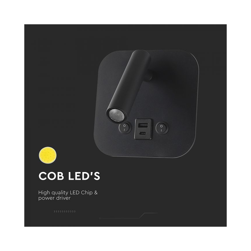 Επιτοίχιο σποτ LED με θύρα USB LED/8W/230V 3000K μαύρο