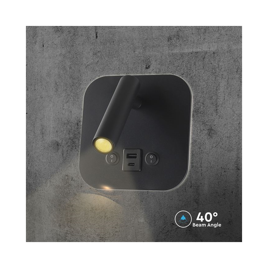 Επιτοίχιο σποτ LED με θύρα USB LED/8W/230V 3000K μαύρο