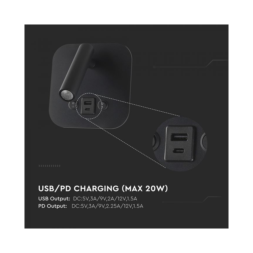 Επιτοίχιο σποτ LED με θύρα USB LED/8W/230V 3000K μαύρο