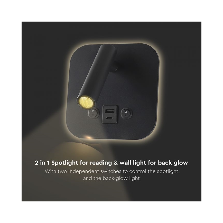 Επιτοίχιο σποτ LED με θύρα USB LED/8W/230V 3000K μαύρο