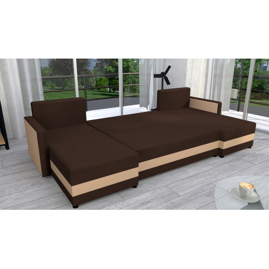 Επενδυμένη, αναστρέψιμη, πτυσσόμενη γωνιακή σύνθεση καθιστικού σε σχήμα U BRISTOL, καφέ/μπεζ