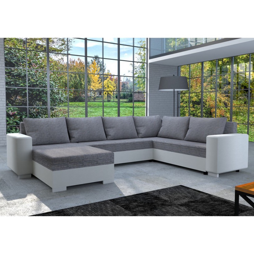 Επενδεδυμένος, πολυχρηστικός αναδιπλούμενος καναπές-κρεβάτι σε σχήμα U YORK λευκό/γκρί