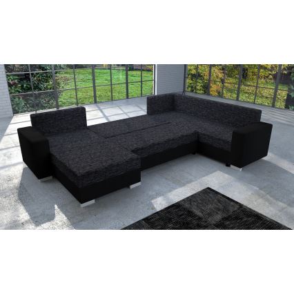 Επενδυμένη, πολυλειτουργική αναδιπλούμενη σύνθεση καθιστικού σε σχήμα U YORK μαύρο/ανθρακί