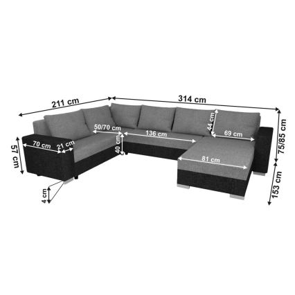 Επενδυμένη, πολυλειτουργική αναδιπλούμενη σύνθεση καθιστικού σε σχήμα U YORK μαύρο/ανθρακί