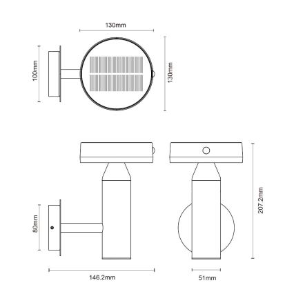Zuma Line - Ηλιακό επιτοίχιο φωτιστικό LED με αισθητήρα κίνησης και λυκόφωτος LED/4,5W/2000 mAh IP44 μαύρο