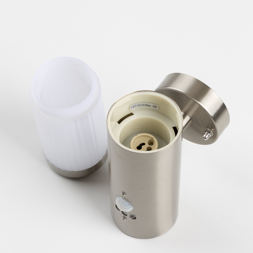 LED εξωτερικό επιτοίχιο φωτιστικό με αισθητήρα κίνησης 1xGU10/5W/230V IP44 ματ χρώμιο