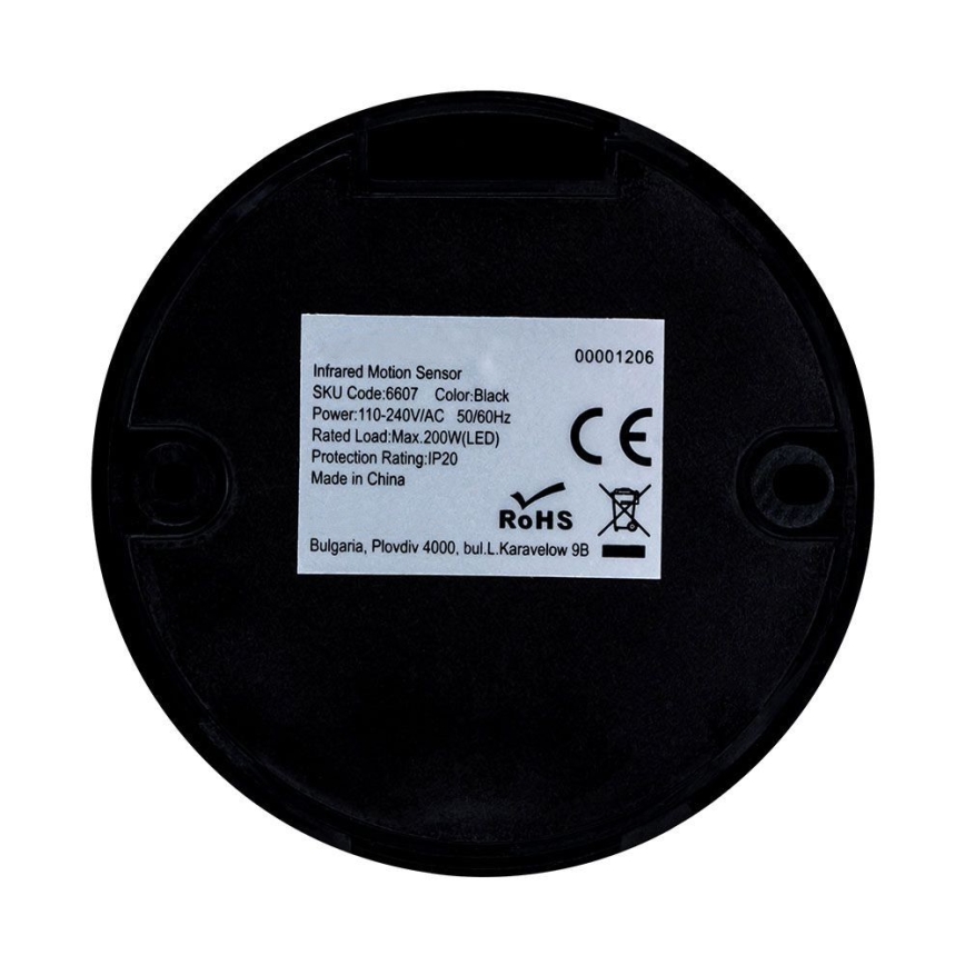 Αισθητήρας κίνησης υπέρυθρων 360° 200W/230V μαύρο