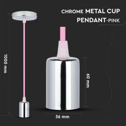 Ανάρτηση με ροζέτα και ντουί 1xE27/60W/230V ανοιχτό ροζ/γυαλιστερό χρώμιο