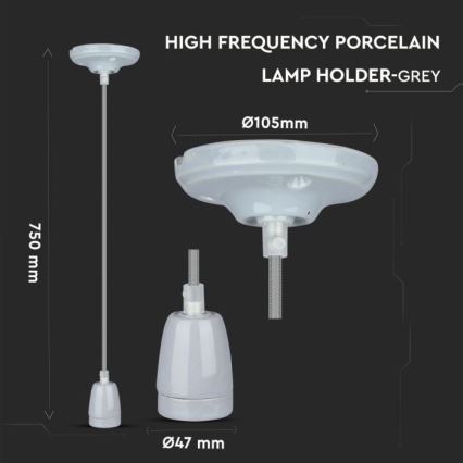 Ανάρτηση με ροζέτα και ντουί 1xE27/60W/230V γκρι/πορσελάνη