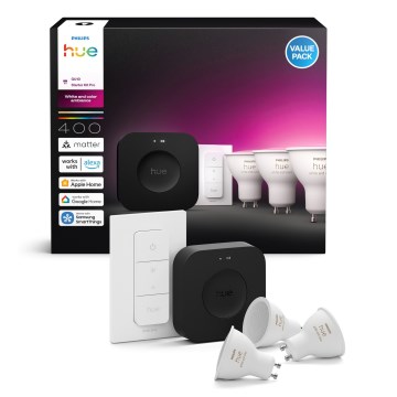 Βασικό σετ Philips Hue WHITE AND COLOR AMBIANCE 3xGU10/4,2W 2000-6500K + Hue bridge και διακόπτης ρύθμισης φωτεινότητας