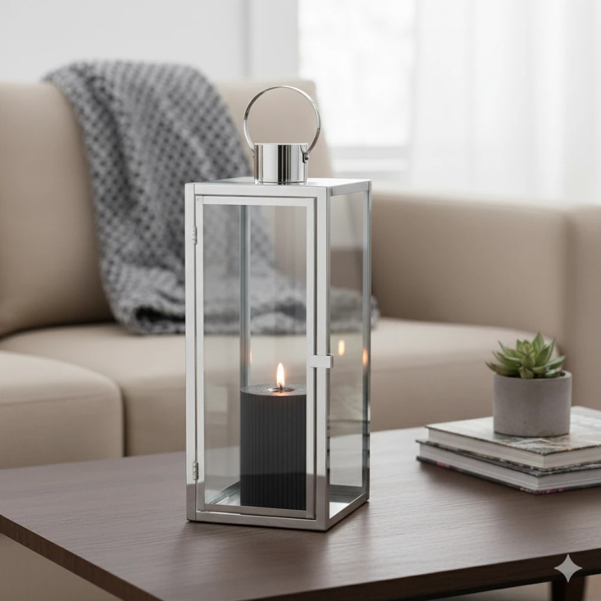 Διακοσμητικό φανάρι TOWER, 29 εκ., σε γυαλιστερό χρώμιο