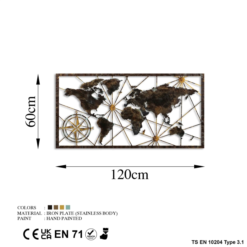 Διακοσμητικό τοίχου 120x60 cm  παγκόσμιος χάρτης μεταλλικό
