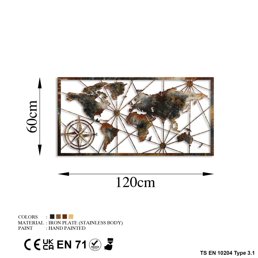 Διακοσμητικό τοίχου 120x60 cm  παγκόσμιος χάρτης μεταλλικό
