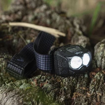 LED Dimming επαναφορτιζόμενο φακός κεφαλής με αισθητήρα και κόκκινο φωστικό 2xLED/5W/5V/3xAAA IP65 500 γυαλιστερό 1200 mAh