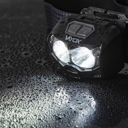 LED Dimming επαναφορτιζόμενο φακός κεφαλής με αισθητήρα και κόκκινο φωστικό 2xLED/5W/5V/3xAAA IP65 500 γυαλιστερό 1200 mAh