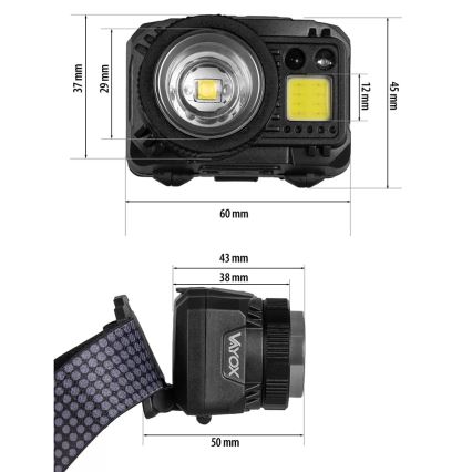 LED Dimming επαναφορτιζόμενο φακός κεφαλής με αισθητήρα και κόκκινο φωστικό LED/6W/5V/3xAAA IP44 500 γυαλιστερό 1200 mAh