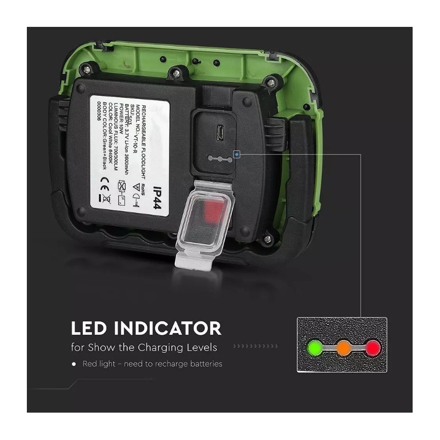 Επαναφορτιζόμενος προβολέας LED SAMSUNG CHIP LED/10W/3,7V IP44 6400K 3600 mAh πράσινο