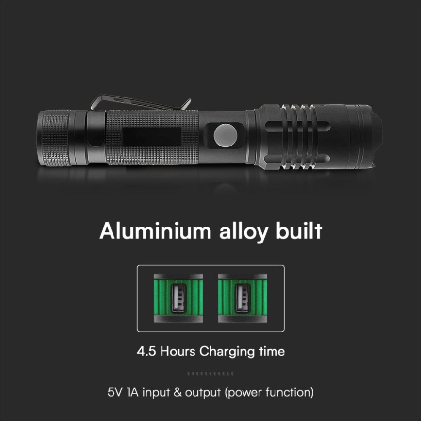 Επαναφορτιζόμενος φακός LED USB LED/10W/5V IP54 2000 mAh 1000 γυαλιστερό