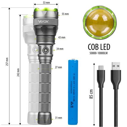 LED Dimming επαναφορτιζόμενο φακός με λειτουργία power bank LED/5V IPX7 10000 γυαλιστερό 2600 mAh