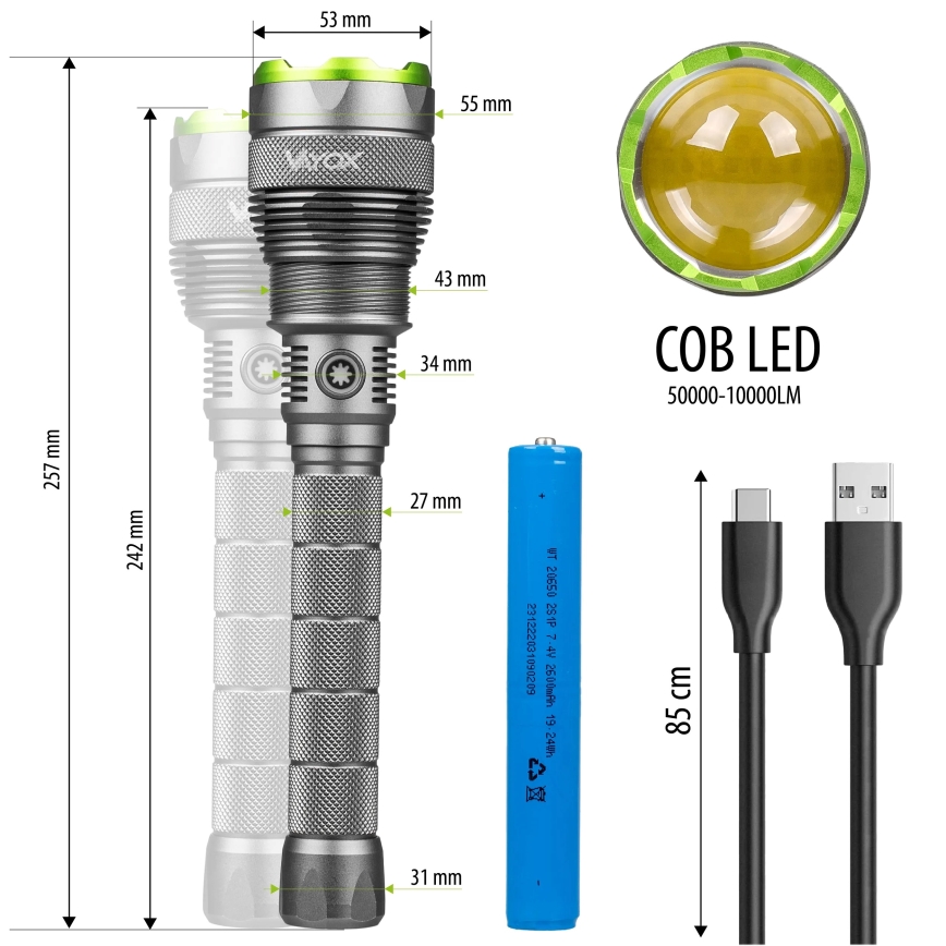 LED Dimming επαναφορτιζόμενο φακός με λειτουργία power bank LED/5V IPX7 10000 γυαλιστερό 2600 mAh