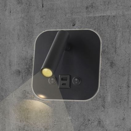 Επιτοίχιο σποτ LED με θύρα USB LED/8W/230V 3000K μαύρο