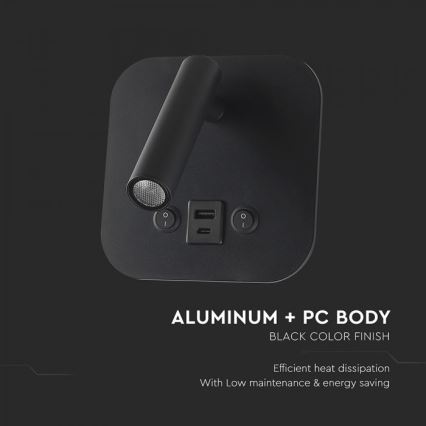 Επιτοίχιο σποτ LED με θύρα USB LED/8W/230V 3000K μαύρο
