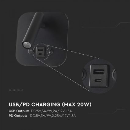 Επιτοίχιο σποτ LED με θύρα USB LED/8W/230V 3000K μαύρο