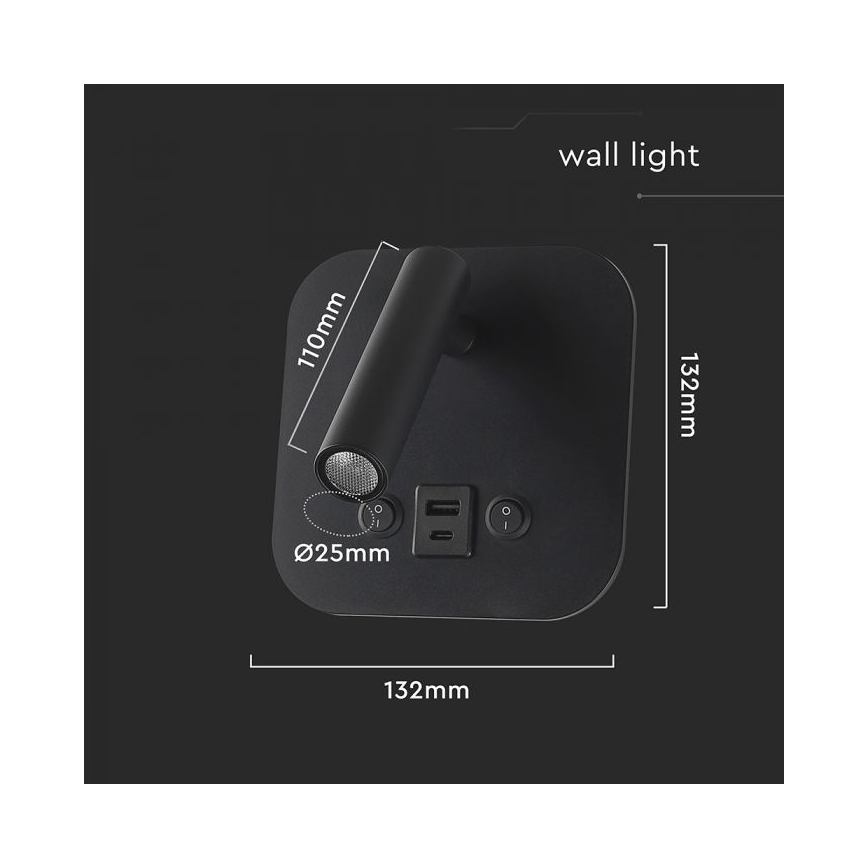 Επιτοίχιο σποτ LED με θύρα USB LED/8W/230V 3000K μαύρο