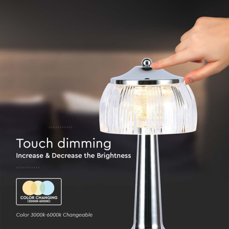 LED Dimmable επαναφορτιζόμενο επιτραπέζιο φωτιστικό αφής LED/1W/5V 3000-6000K 1800 mAh γυαλιστερό χρώμιο