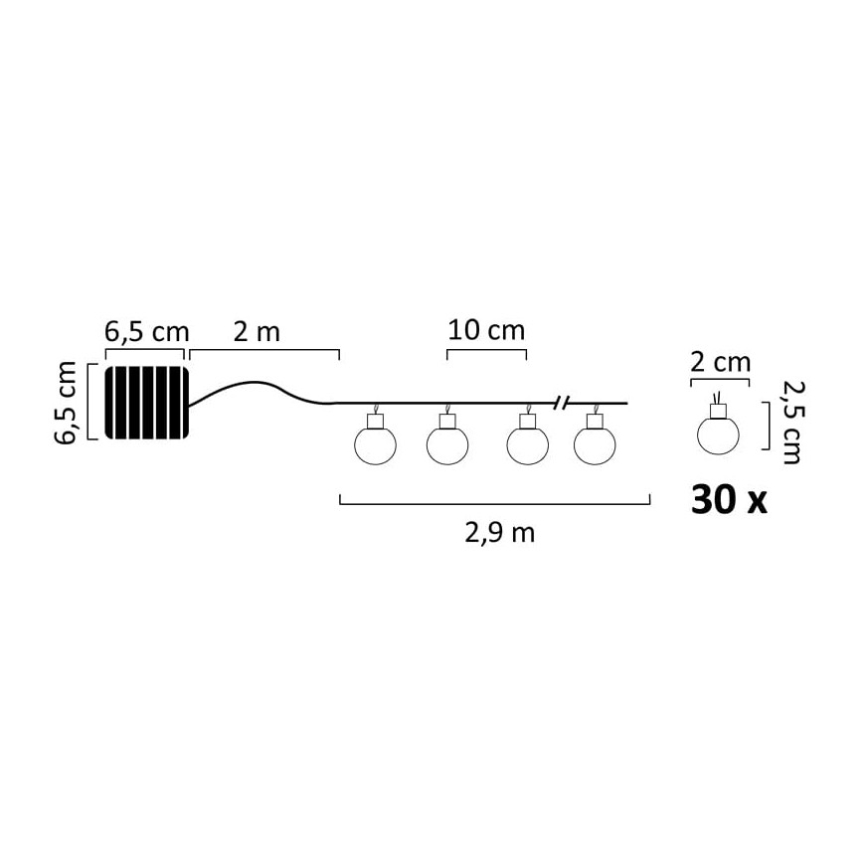 Ηλιακά λαμπάκια LED 30xLED/8 λειτουργίες 300 mAh 4,9m IP44 θερμό λευκό