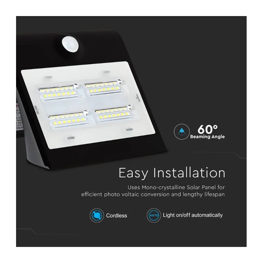Ηλιακό επιτοίχιο φωτιστικό LED με αισθητήρα LED/3W/3,7V 3000/4000K IP65 μαύρο
