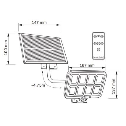 Ηλιακός προβολέας LED με αισθητήρα INTEGRA LED/3W/3,7V IP44 + τηλεχειριστήριο